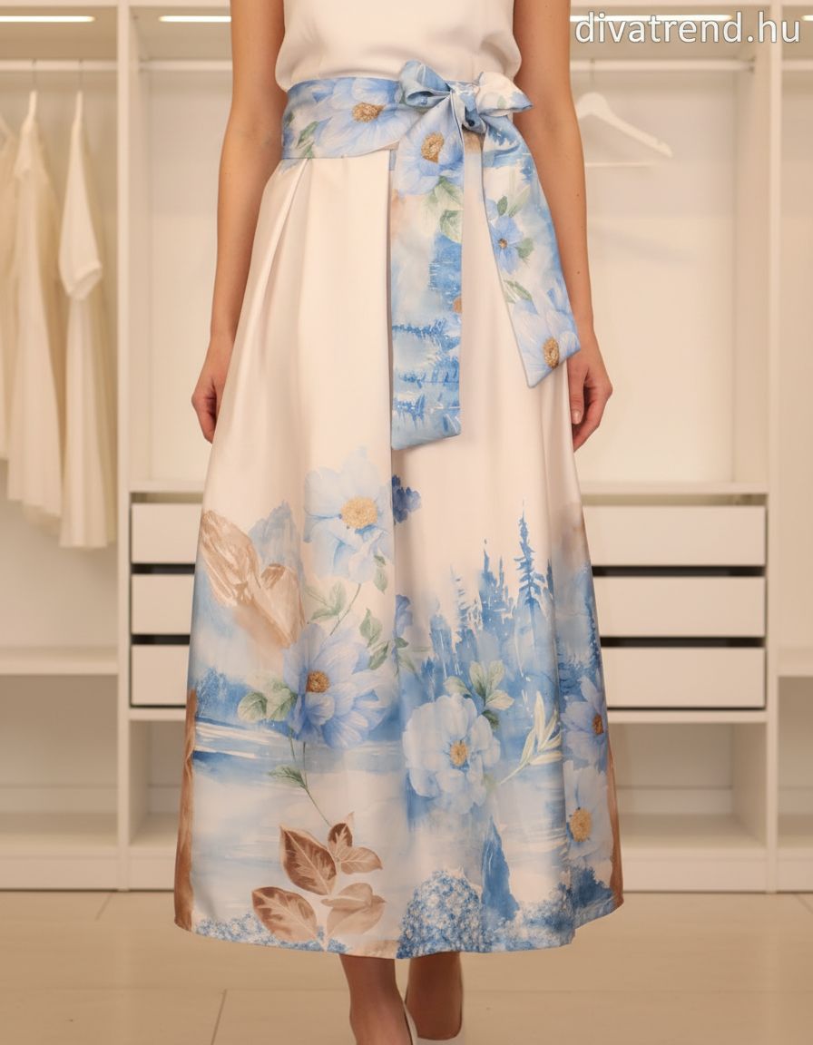 fehértört kék virág mintás szatén maxi szoknya