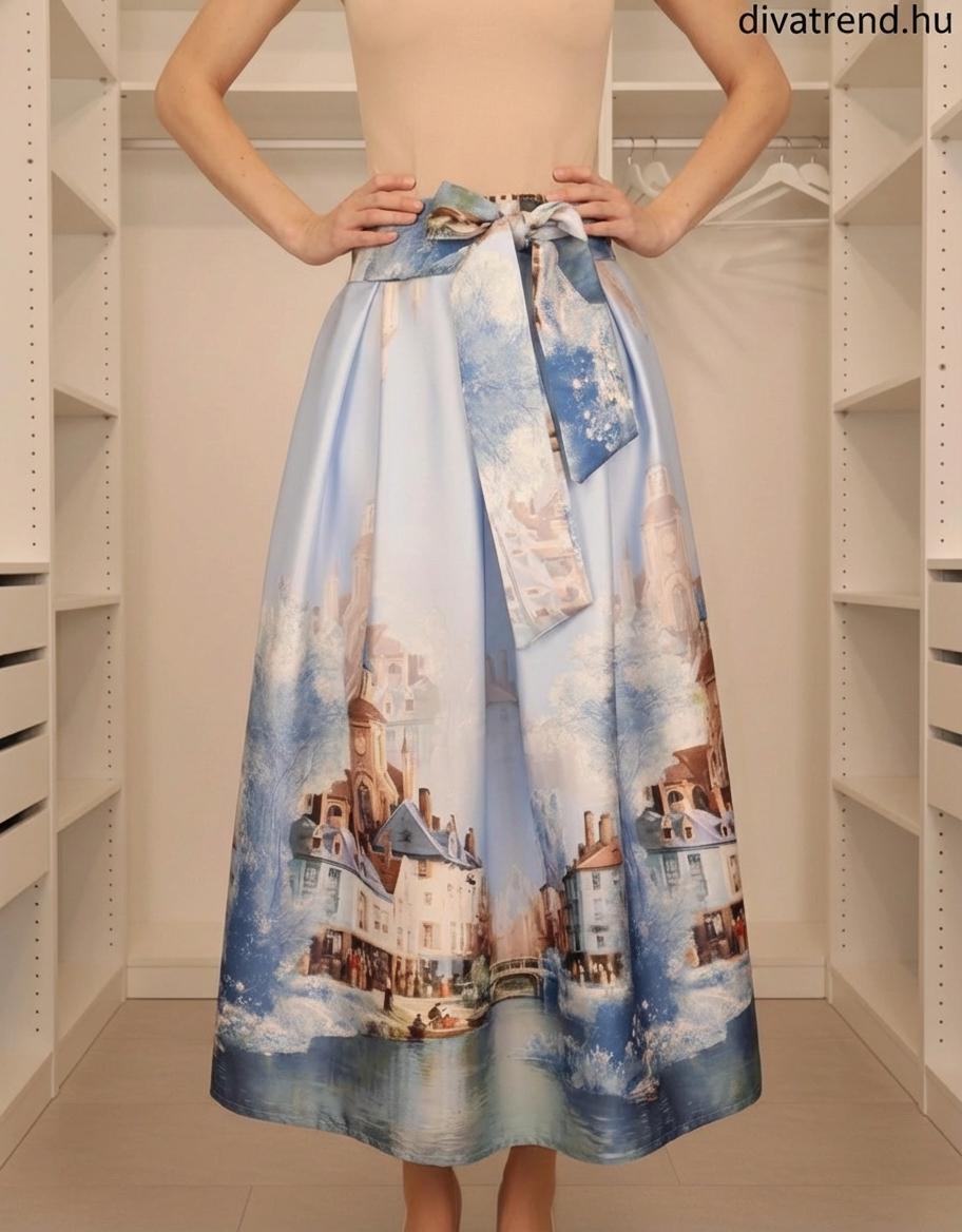 kék világos Vintage festmény mintás szatén maxi szoknya masnis övvel