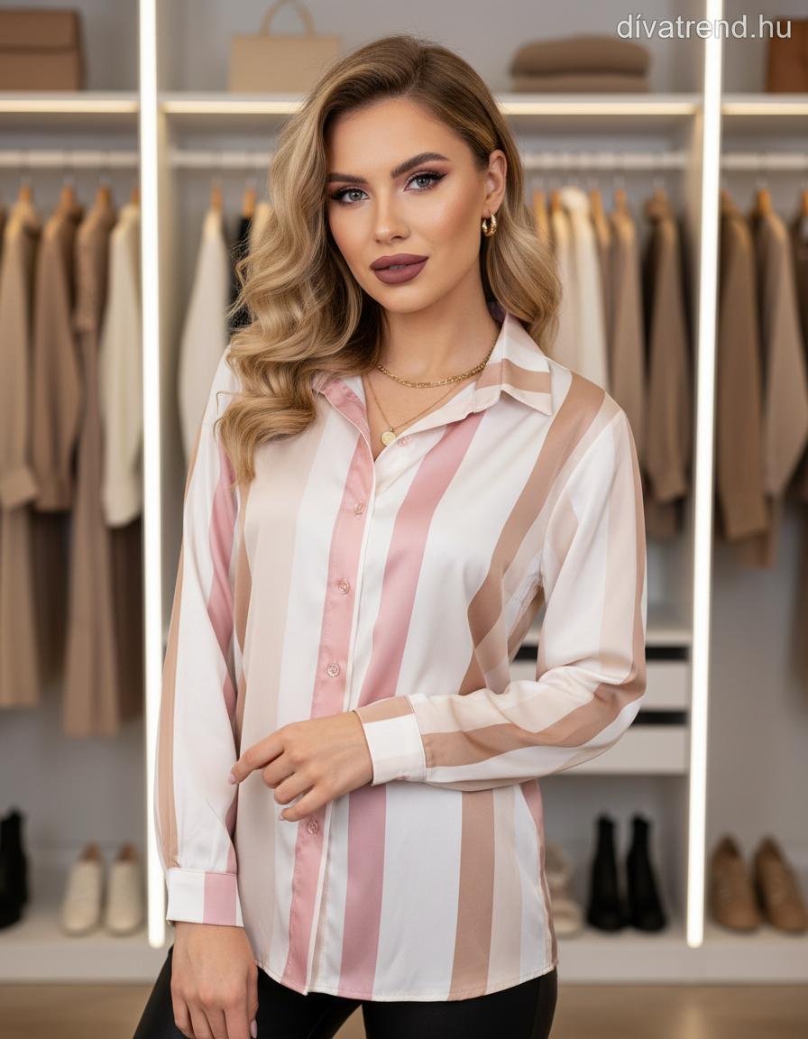 bézs púder női csíkos szatén ing