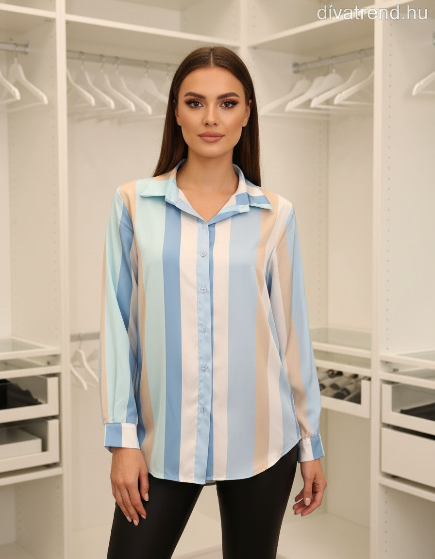 türkiz kék világos női csíkos szatén ing