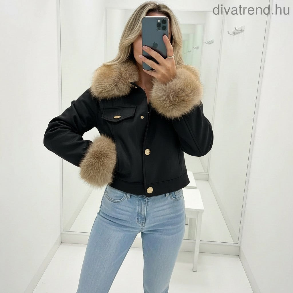 fekete Softy női bélelt  bőrkabát műszőrmével
