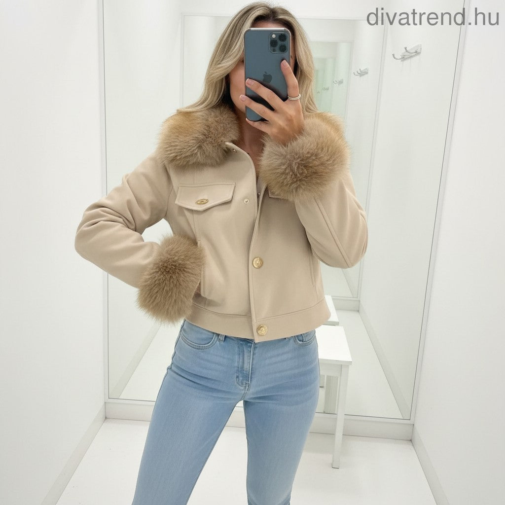 bézs Softy női bélelt  bőrkabát műszőrmével