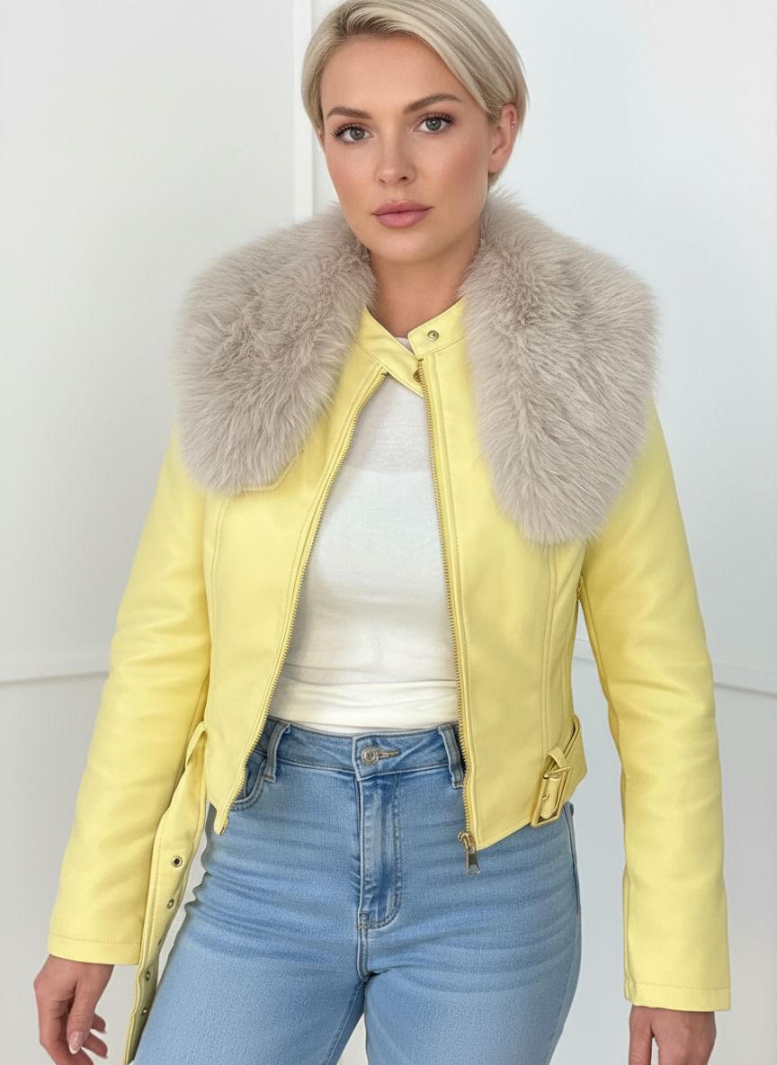sárga női bélelt  bőrkabát műszőrmével