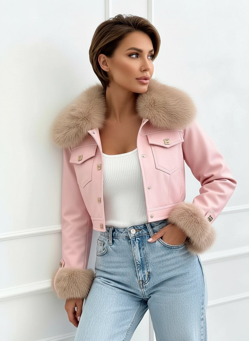 FlamMode női vastag bőr hatású átmeneti kabát hosszú ujjú kerek nyakú