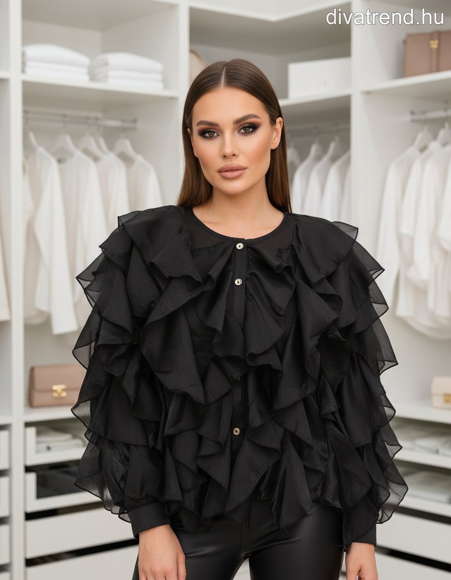 fekete fodros sifon blúz