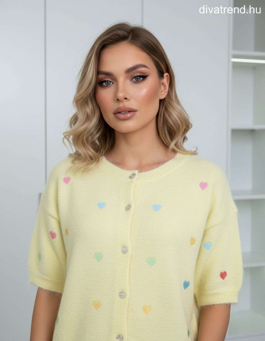 sárga női kardigán 3/4 ujjú, mintás