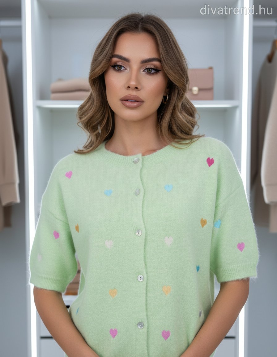 zöld világos női kardigán 3/4 ujjú, mintás
