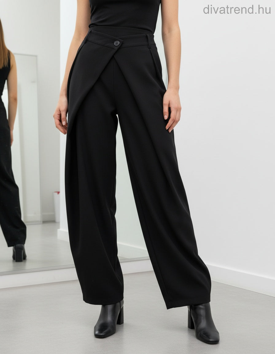 fekete bő szárú szövetnadrág átlapolt derekú