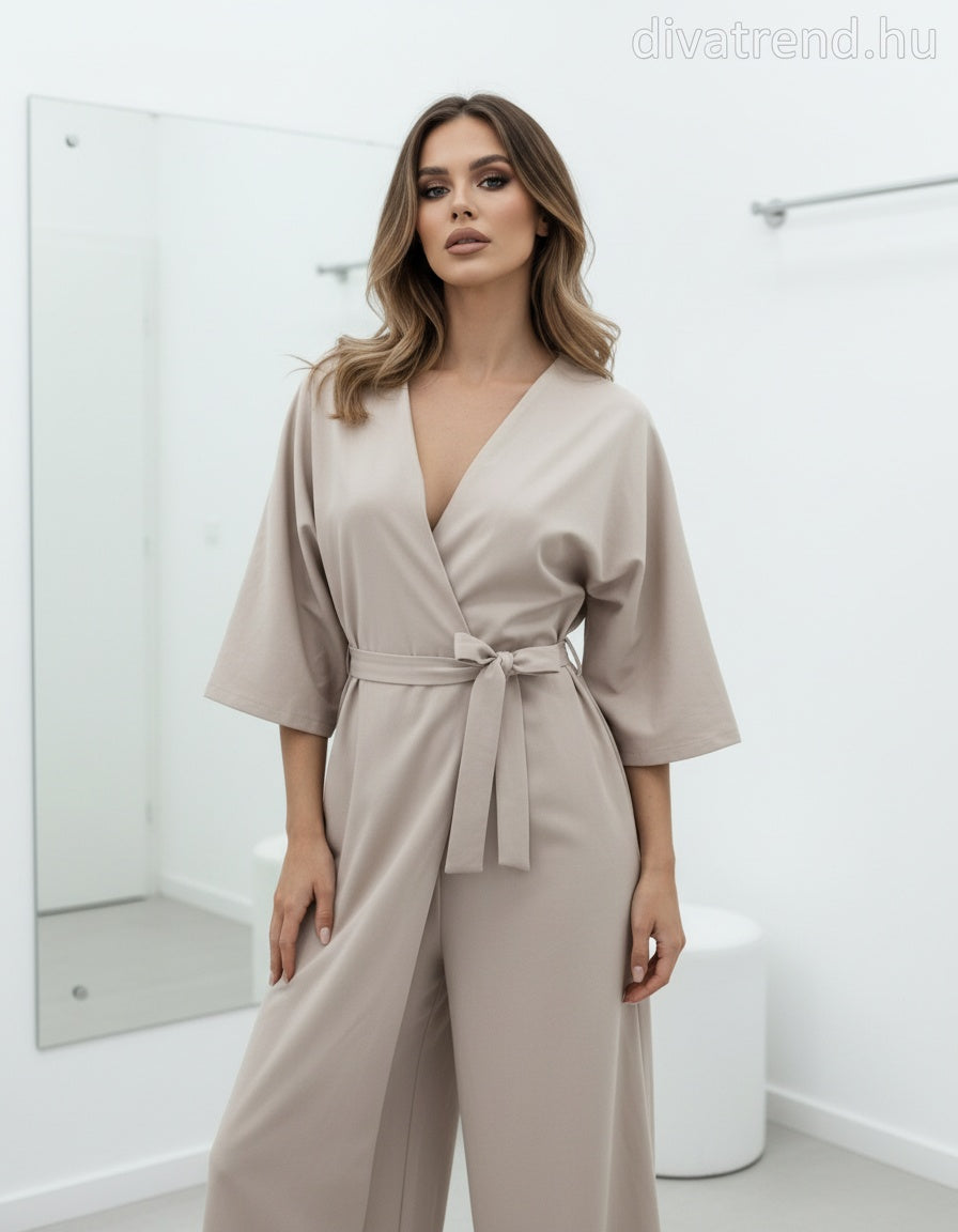 bézs elegáns női bő pamut overál