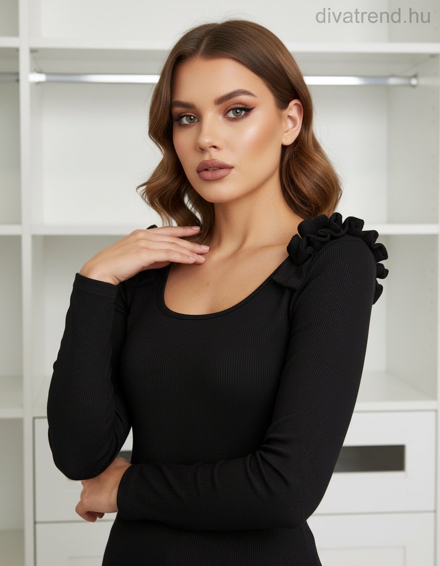 fekete női bordás felső fodros vállú