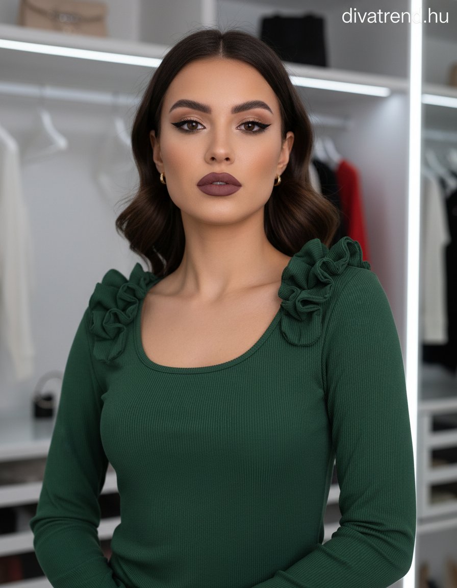 zöld sötét női bordás felső fodros vállú