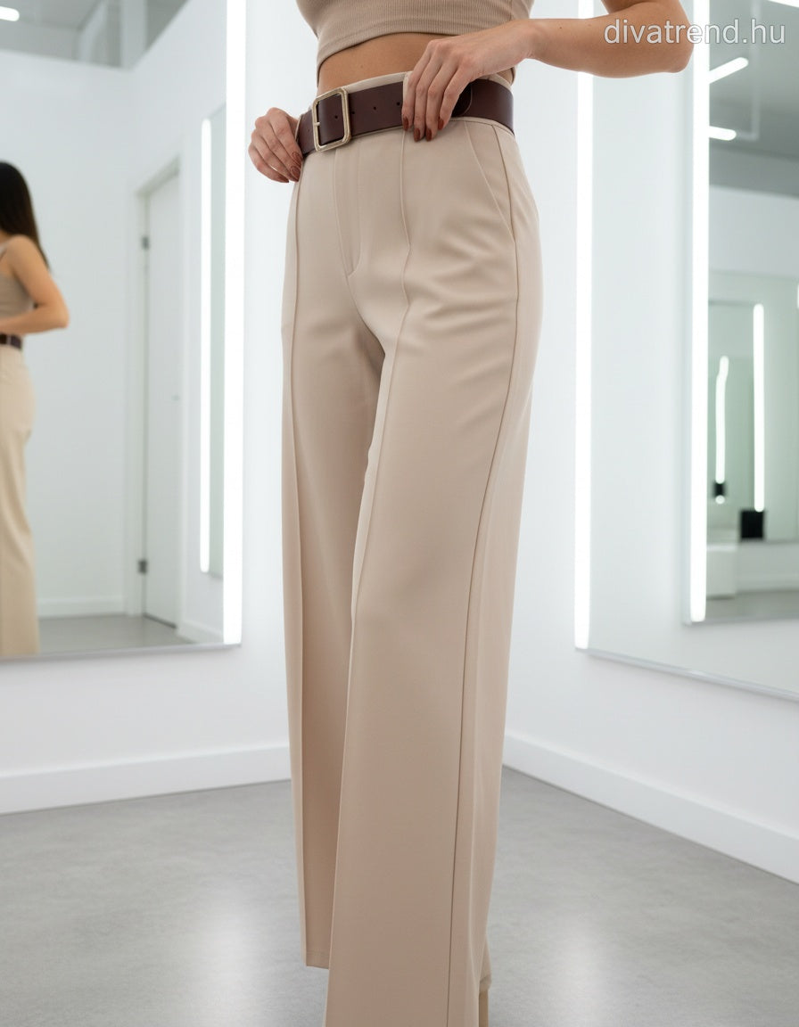 bézs bő szárú viszkóz szövetnadrág