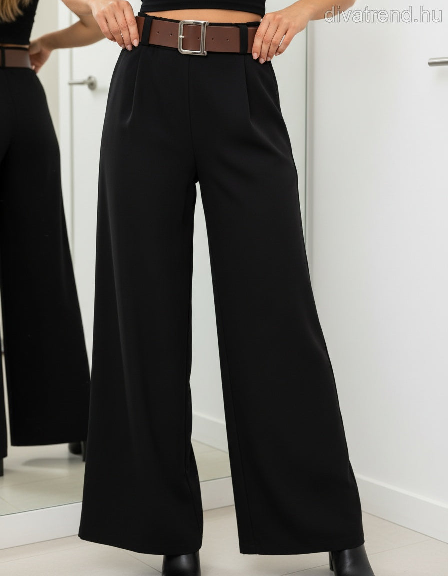 fekete bő szárú szövetnadrág övvel