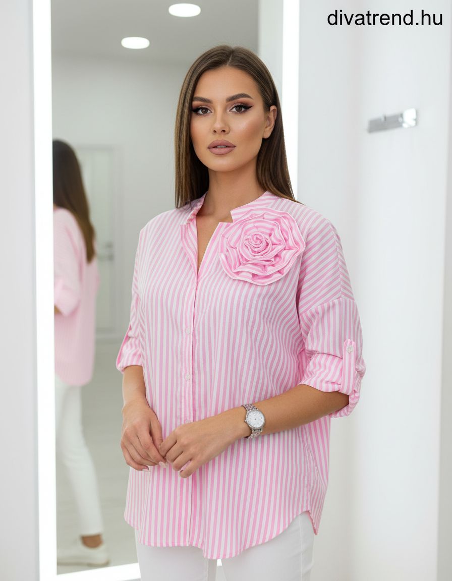 fehér pinklight női csíkos ing 3D virággal