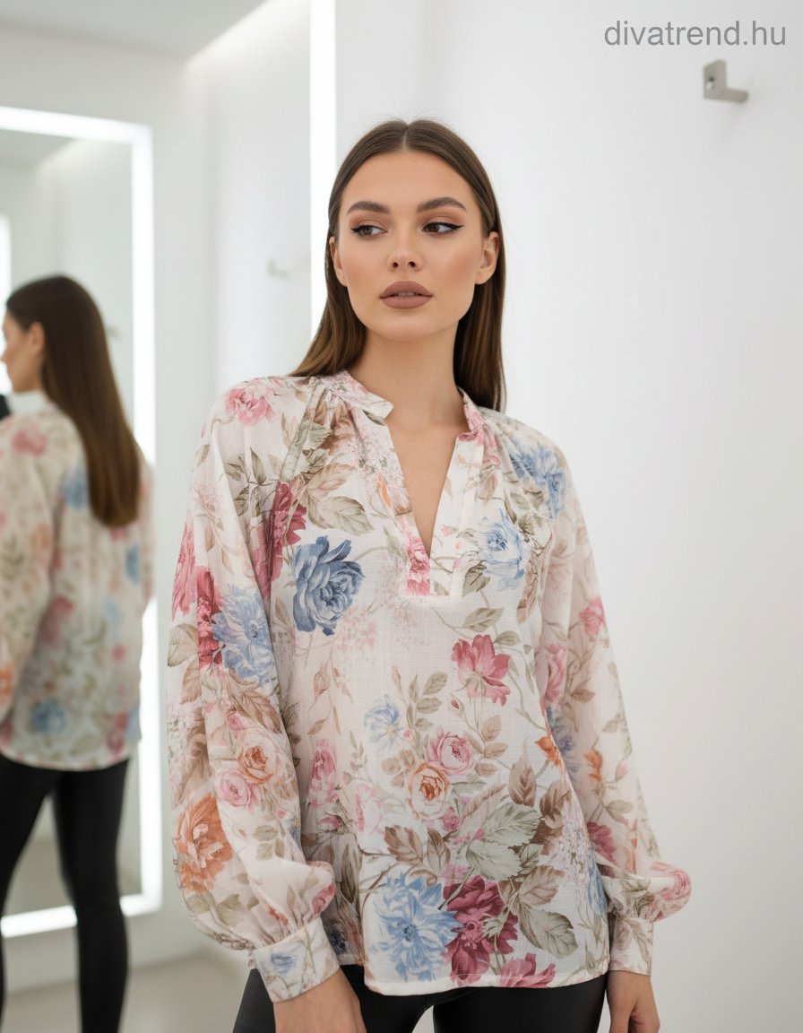 bézs virágmintás sifon blúz
