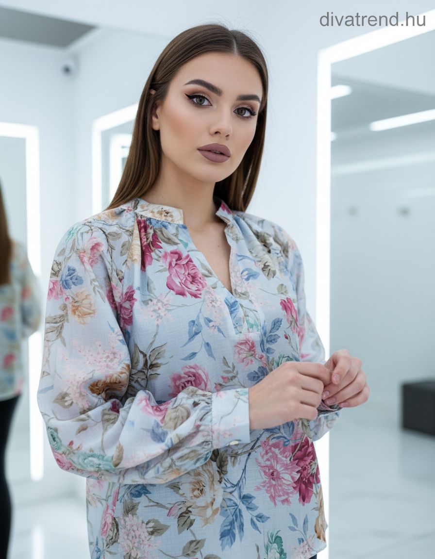 kék világos virágmintás sifon blúz