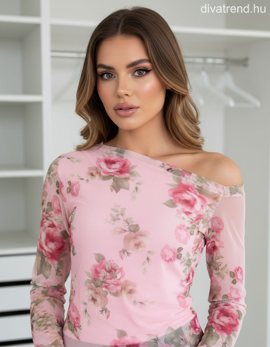 pinklight virágmintás tüll blúz asszimetrikus vállú