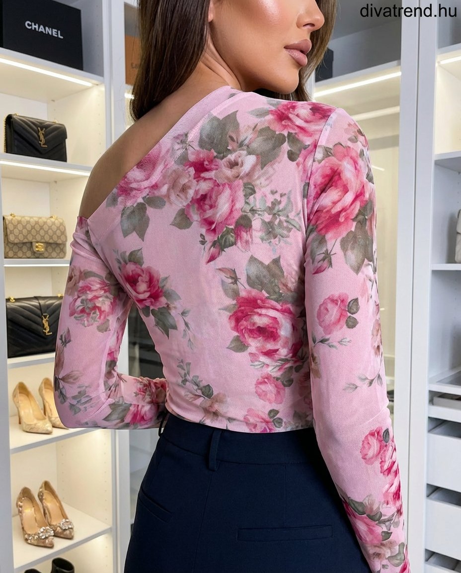 virágmintás tüll blúz asszimetrikus vállú hátulról