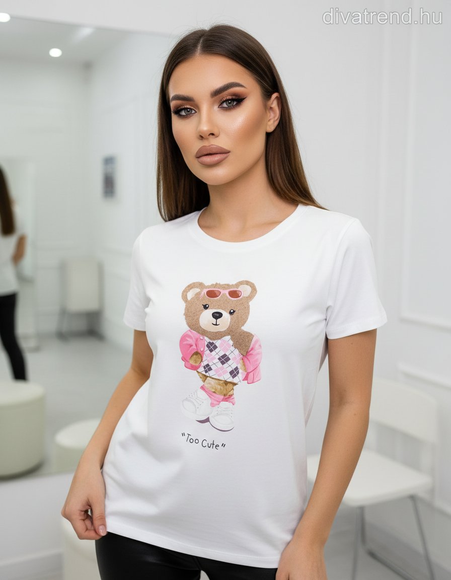 fehér női pamut póló Teddy Bear mintával