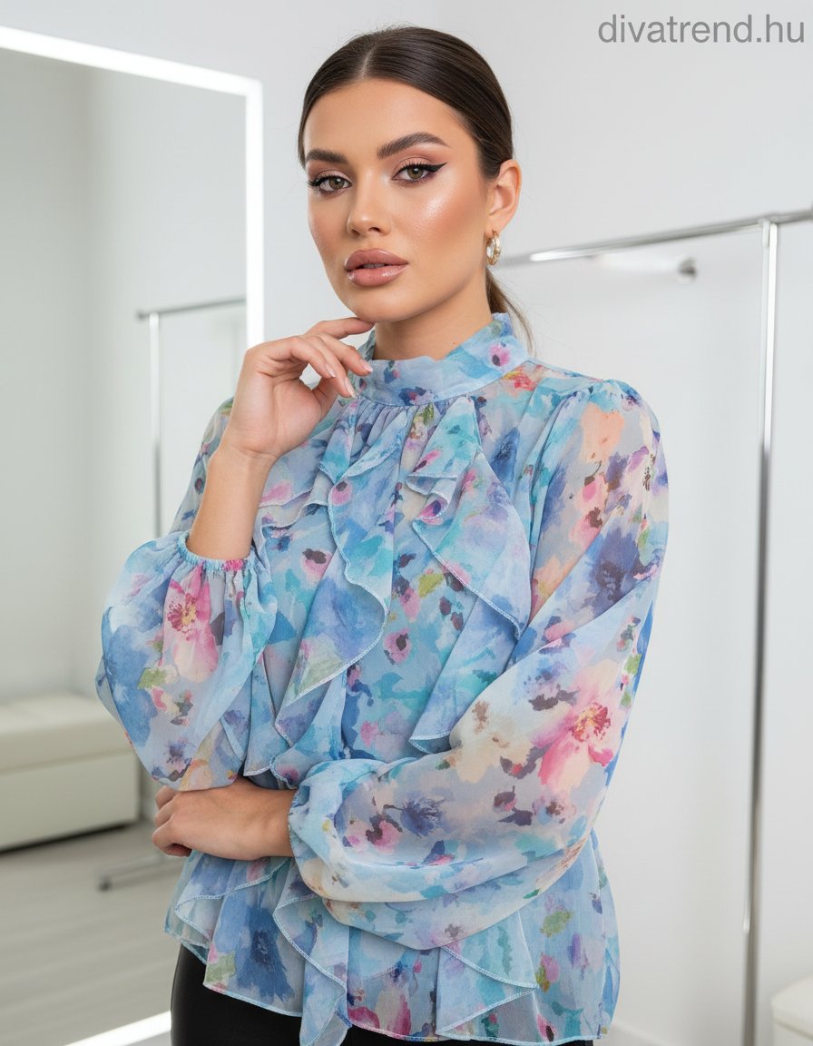 kék virágmintás sifon blúz fodrokkal