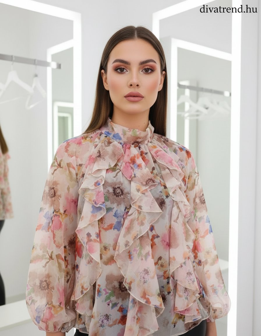 bézs virágmintás sifon blúz fodrokkal