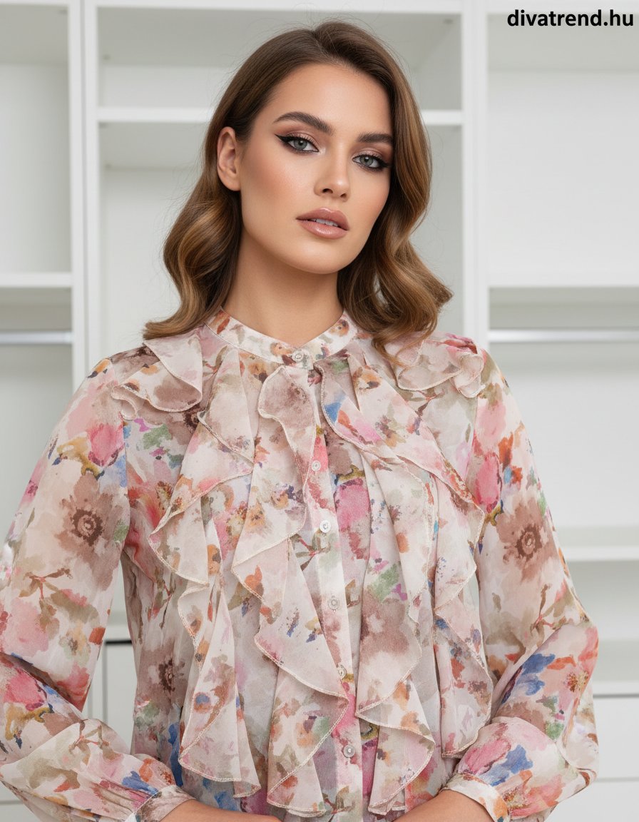 bézs virágmintás sifon blúz