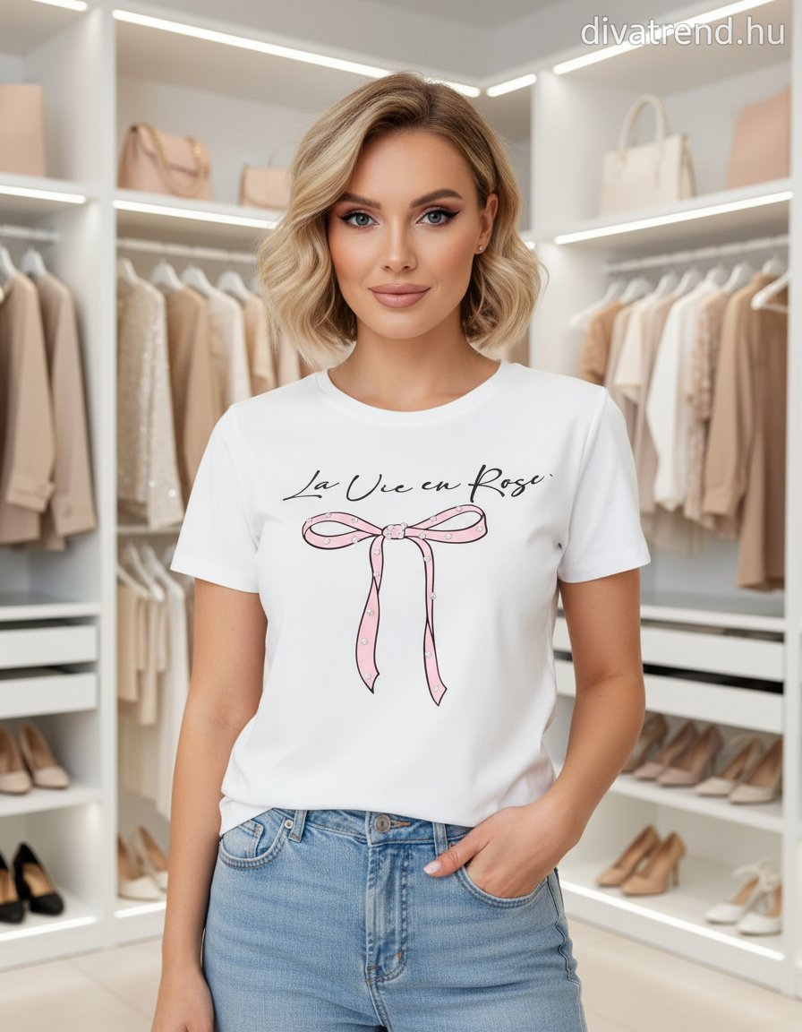 fehér pink női pamut póló masni mintával