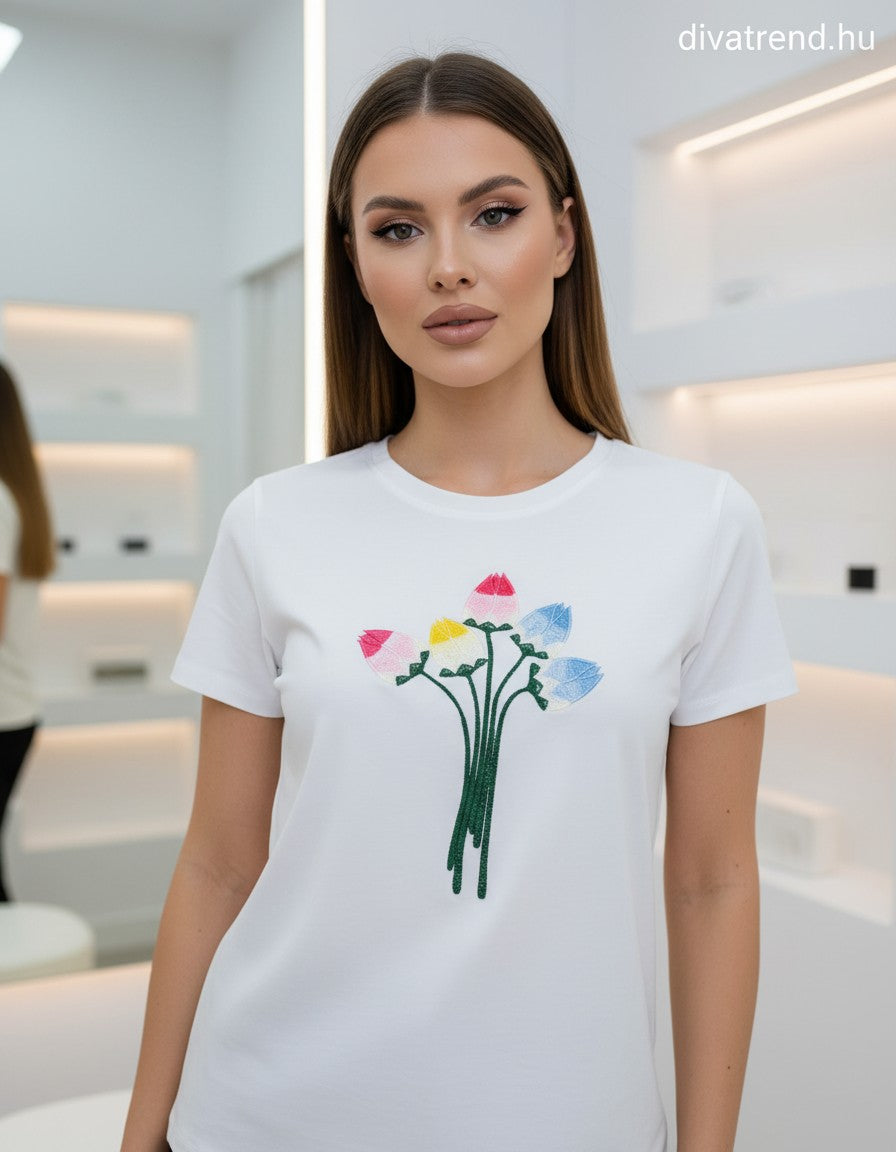 fehér női mintás pamut póló