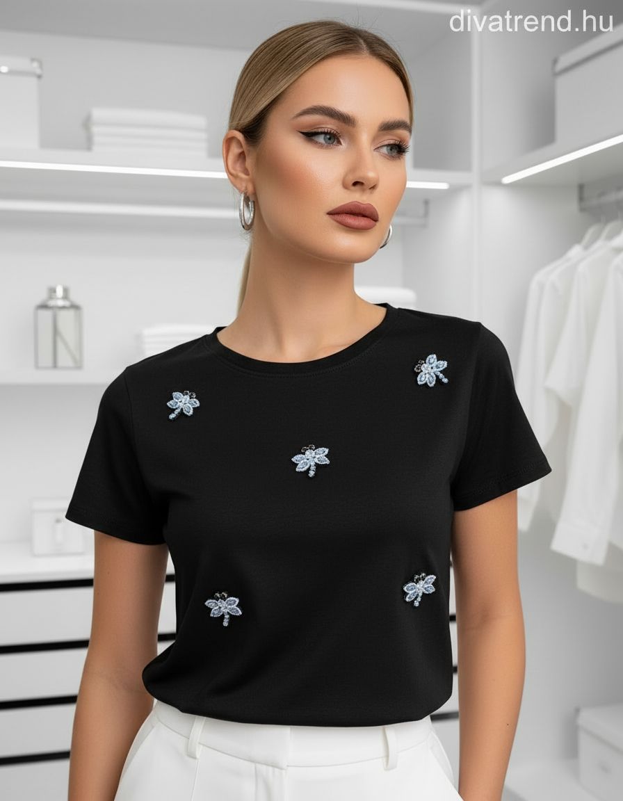 fekete szitakötős női pamut póló