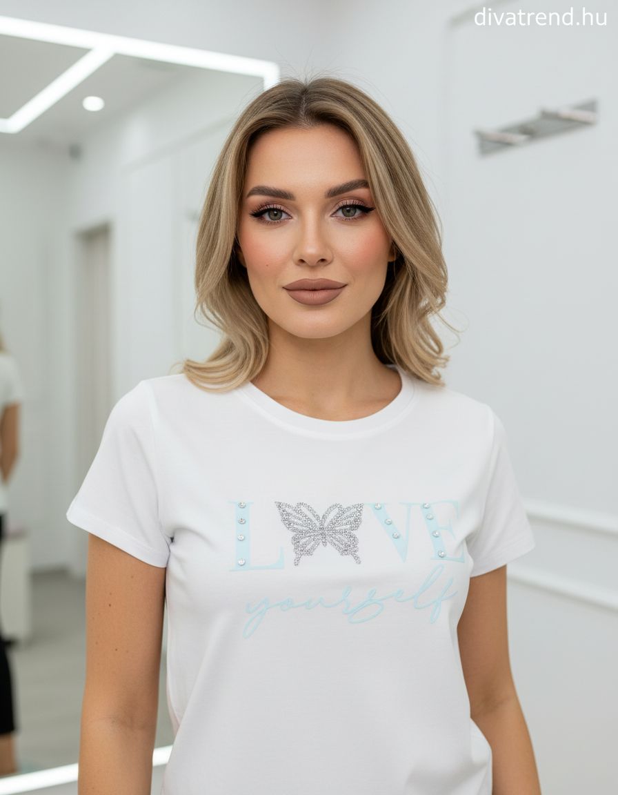 fehér kék női mintás pamut póló LOVE