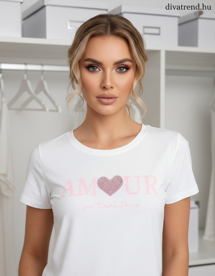 fehér pink női pamut póló Amour köves