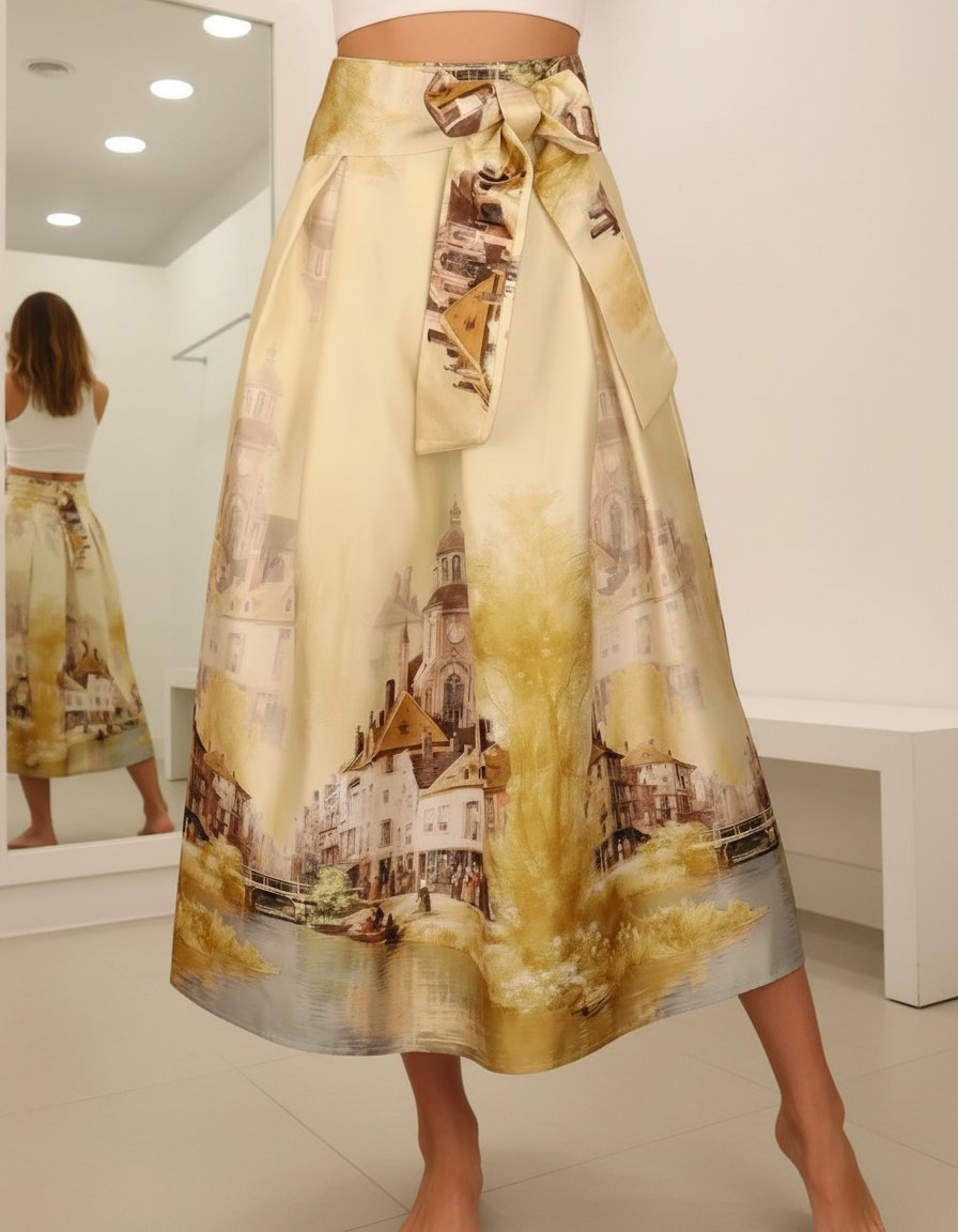 sárga szatén maxi szoknya vintage festmény