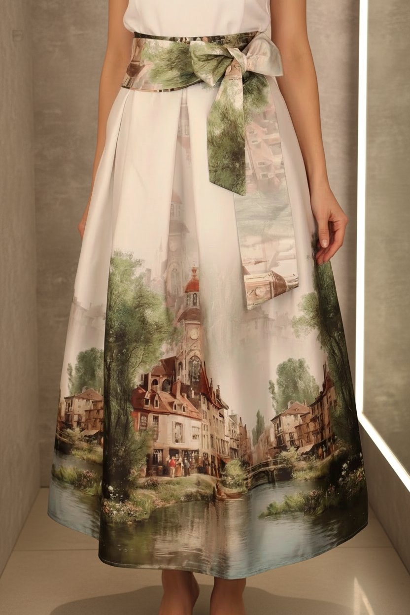 bézs szatén maxi szoknya vintage festmény