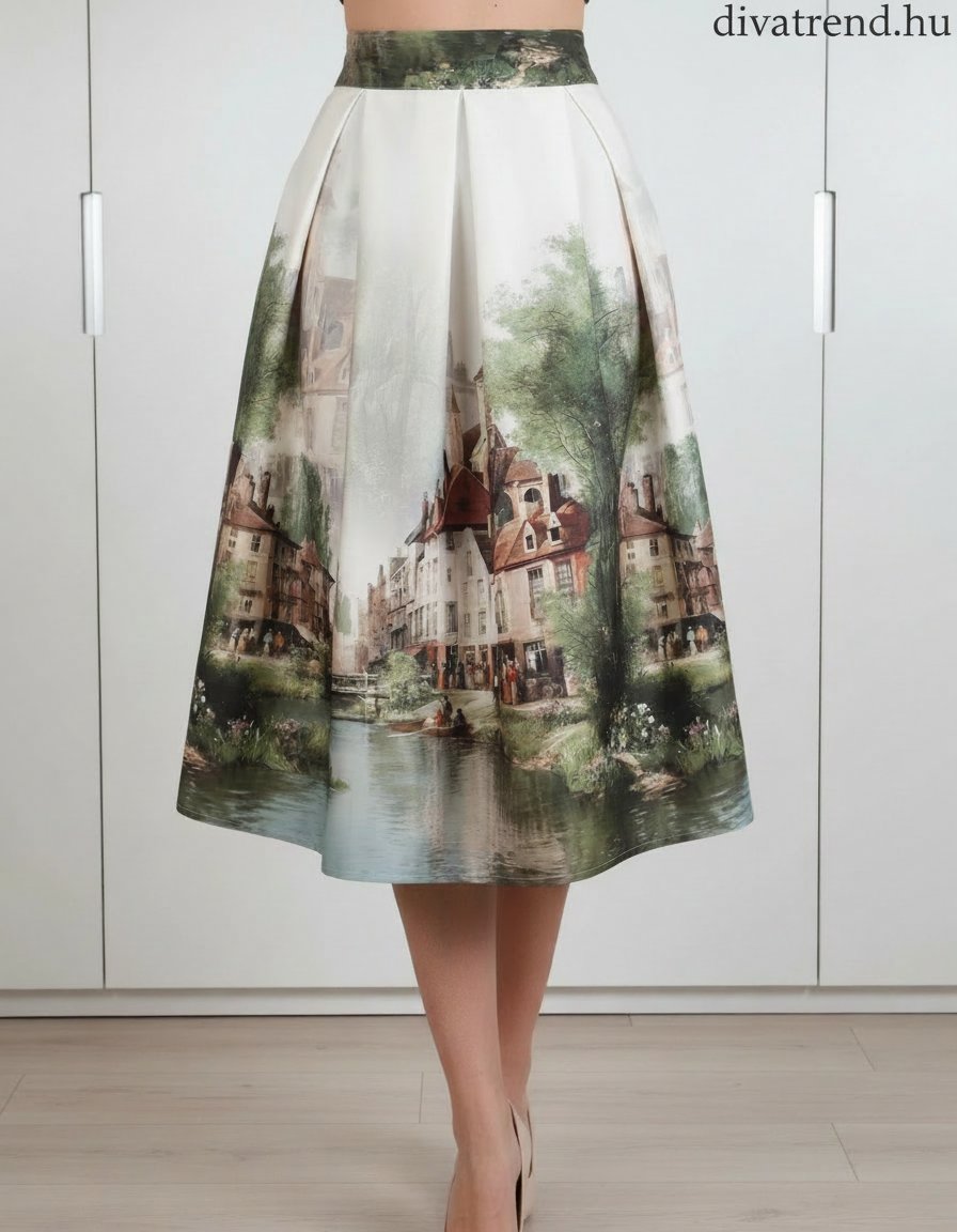 bézs szatén midi szoknya vintage festmény