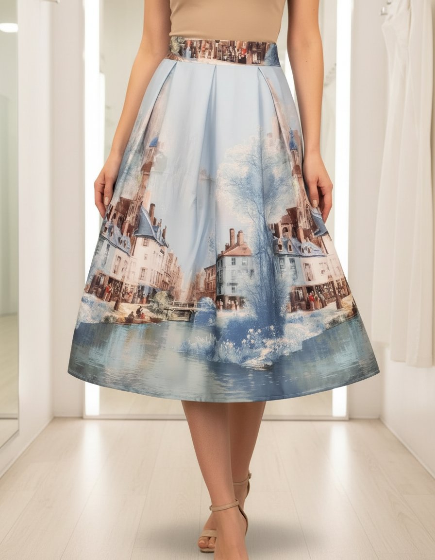 kék világos szatén midi szoknya vintage festmény