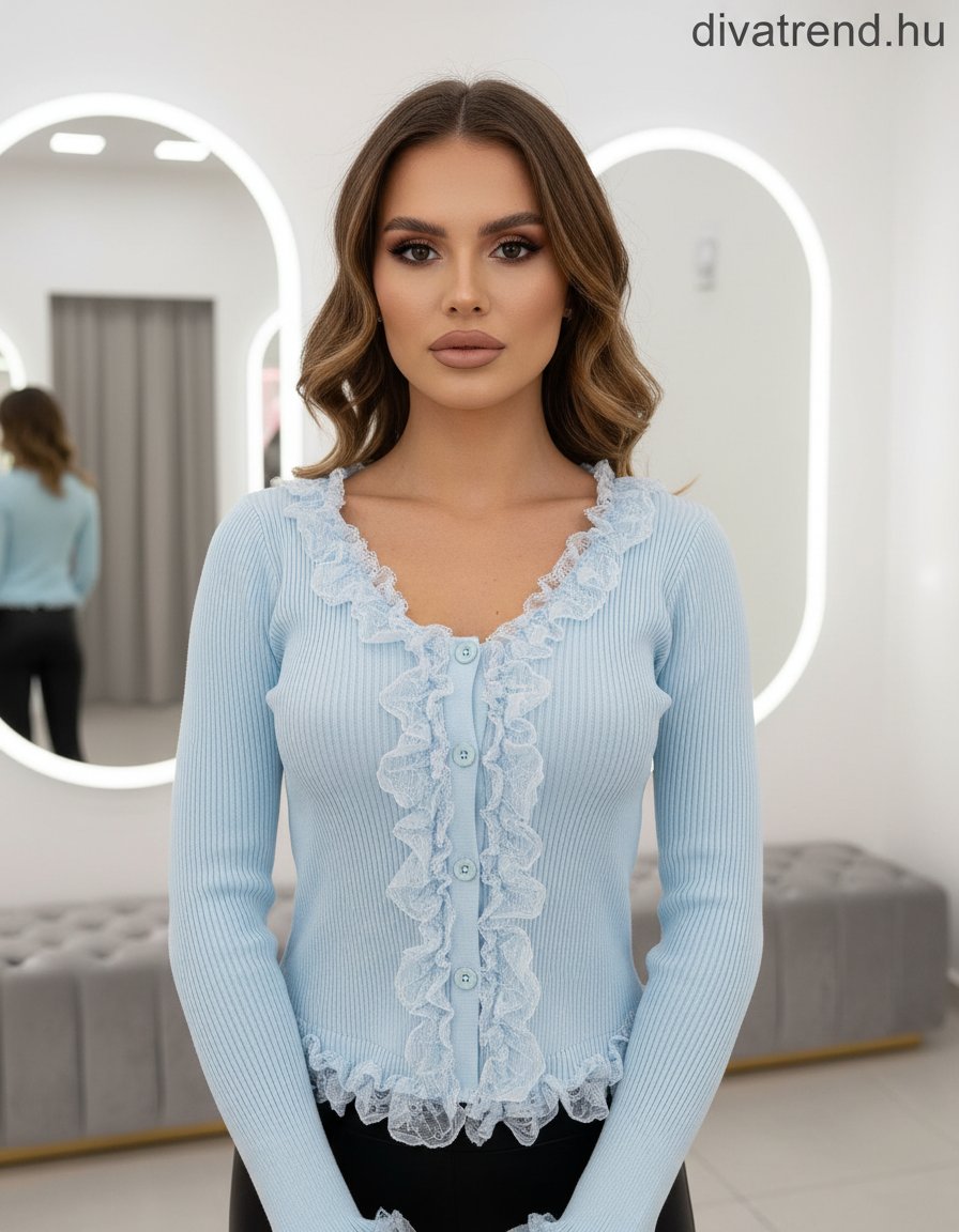 kék világos női felső bordás, fodros