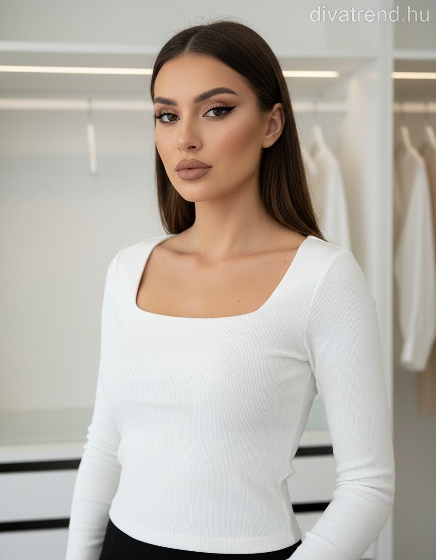 fehér női bordás felső hosszú ujjú