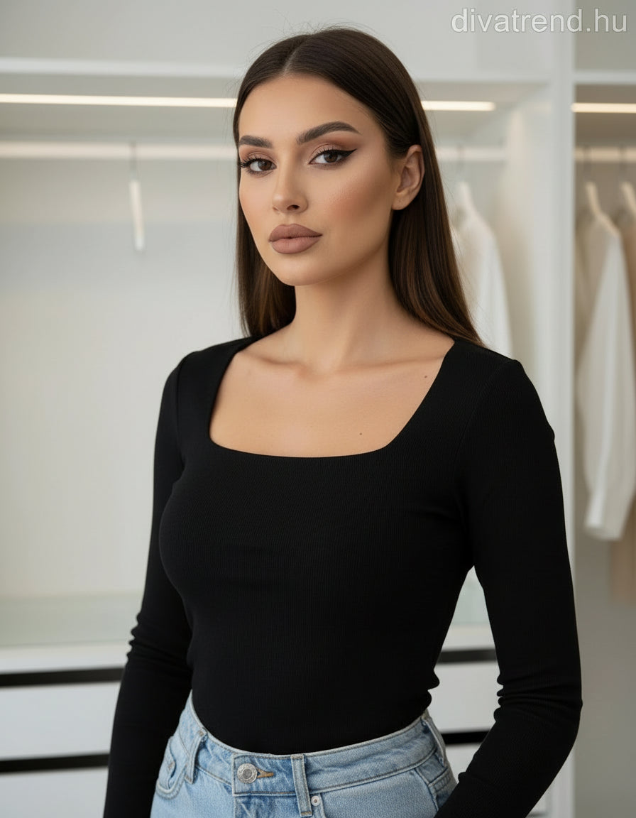fekete női bordás felső hosszú ujjú