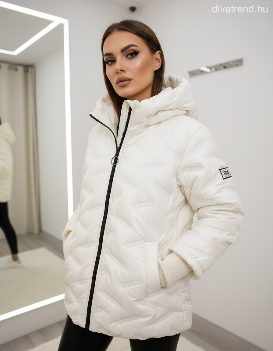 bézs steppelt kabát kapucnis