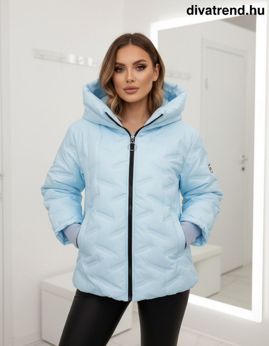 kék steppelt kabát kapucnis