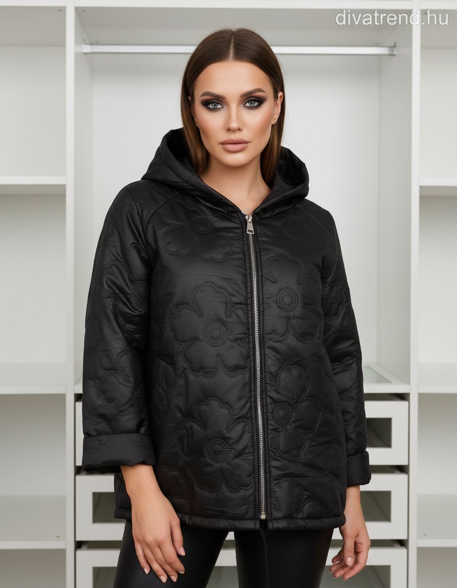 fekete steppelt kabát kapucnis, virágmintás