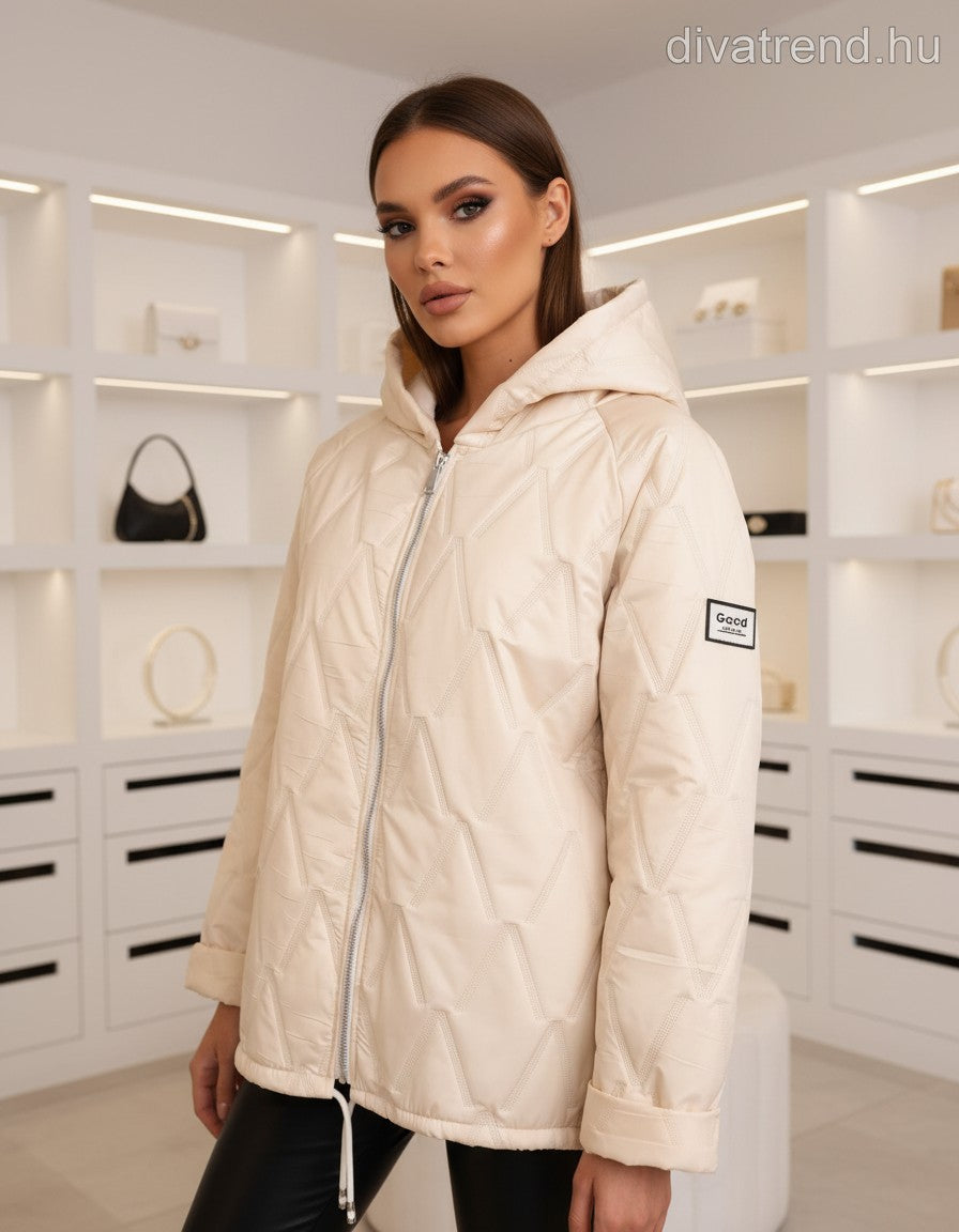 bézs steppelt kabát kapucnis