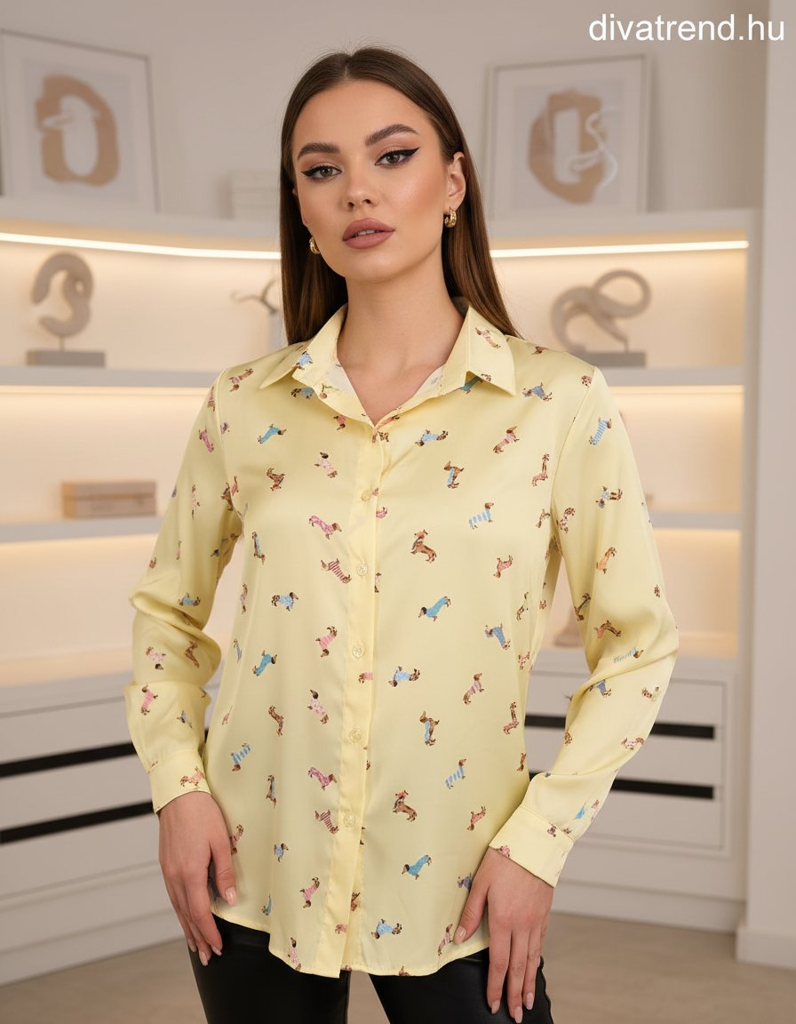 sárga szatén ing kutyás mintával