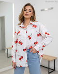fehér női hosszú ujjú pamut ing cseresznye mintával