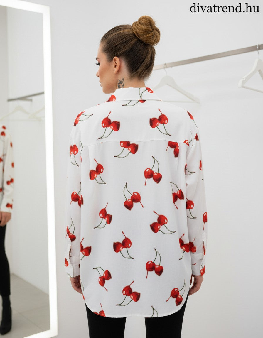 női hosszú ujjú pamut ing cseresznye mintával hátulról