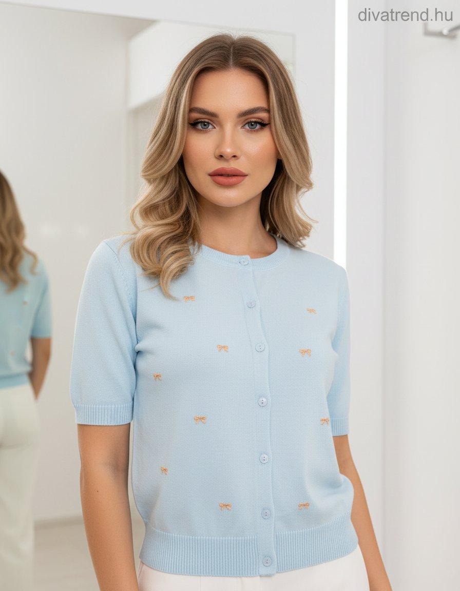kék kötött kardigán rövid ujjú masnikkal