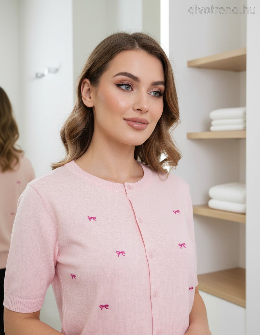 pink kötött kardigán rövid ujjú masnikkal