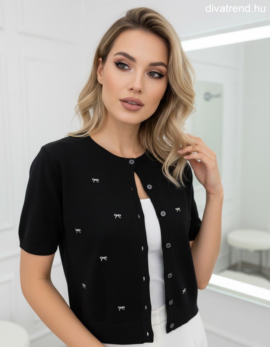 fekete kötött kardigán rövid ujjú masnikkal
