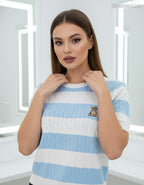 kék női kötött póló csíkos Teddy Bear