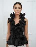 fekete Selyemfényű fodros top peplum